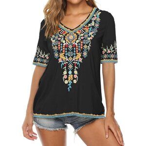 Grosy Mexican Embroidered Top Boho Shirt Peasant Blouses Loose Fitting Bohemian